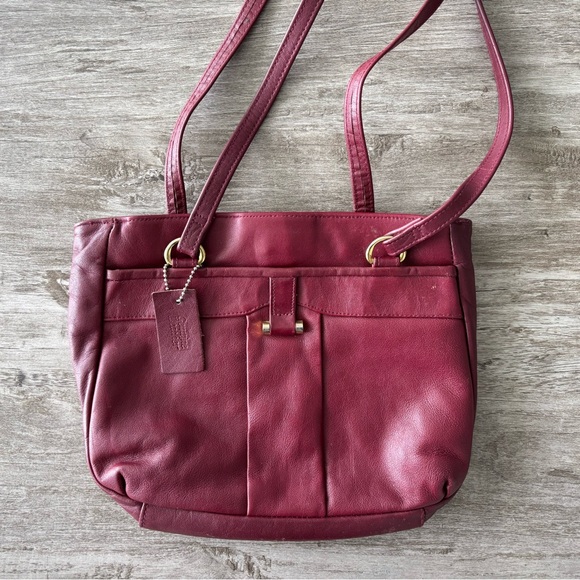 Vintage Handbag Burgundy Leather Purse Shoulder Bag Double Straps 90s - Picture 3 of 9